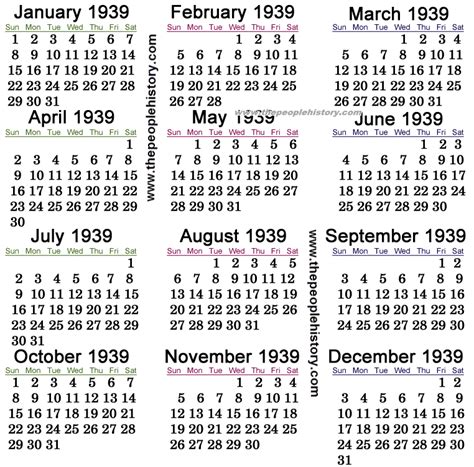 Calendar Of 1939