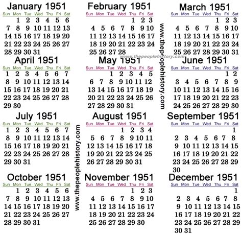 Calendar Of 1951