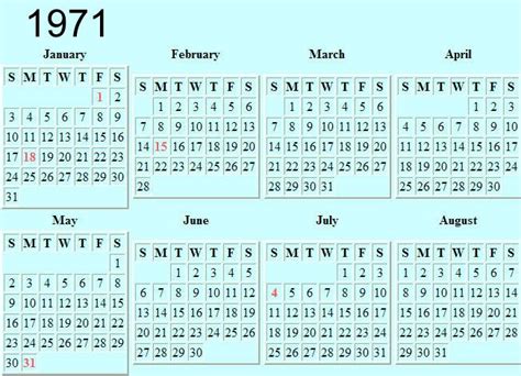 Calendar Of 1971