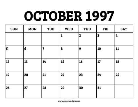 Calendar Of 1997 October