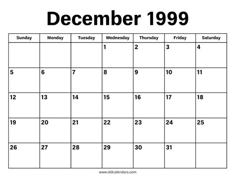 Calendar Of 1999 December