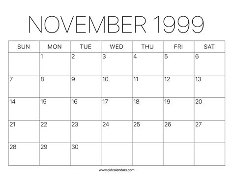 Calendar Of 1999 November