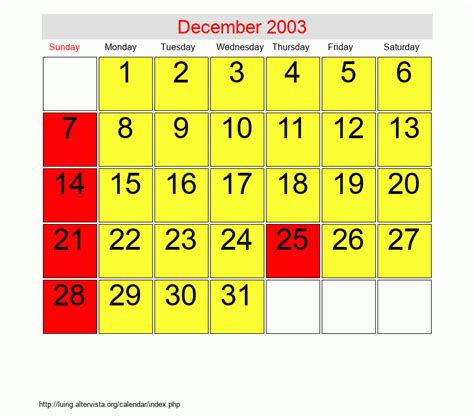 Calendar Of 2003 December