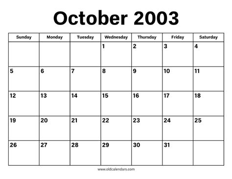 Calendar Of 2003 October
