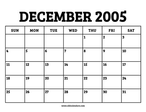 Calendar Of 2005 December