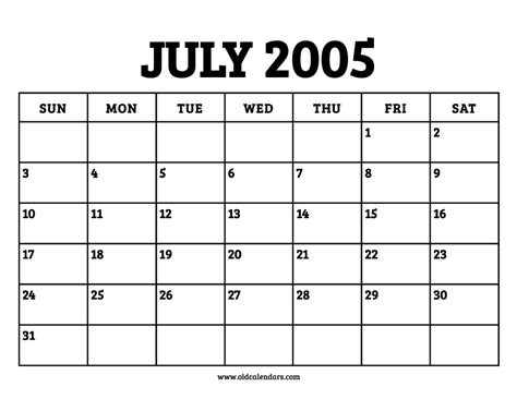 Calendar Of 2005 July