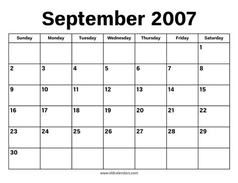 Calendar Of 2007 September