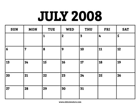 Calendar Of 2008 July