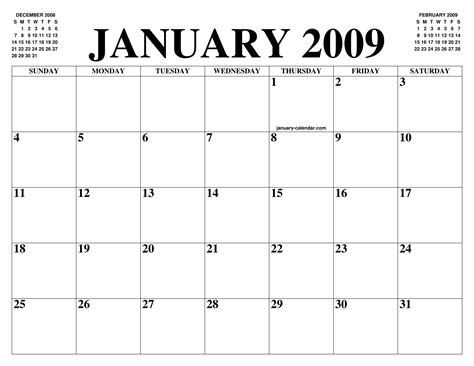 Calendar Of 2009 January