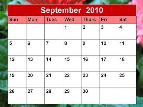 Calendar Of 2010 September