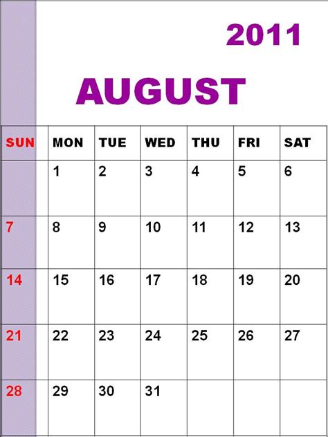 Calendar Of 2011 August