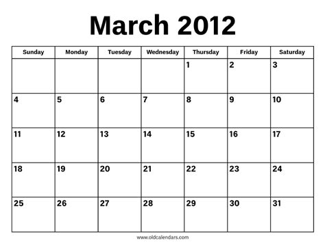 Calendar Of 2012 March