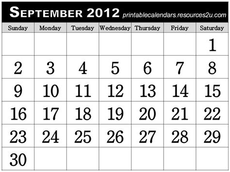 Calendar Of 2012 September