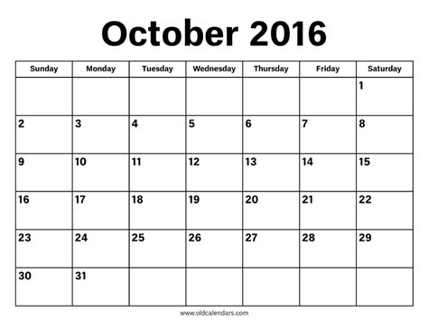 Calendar Of 2016 October