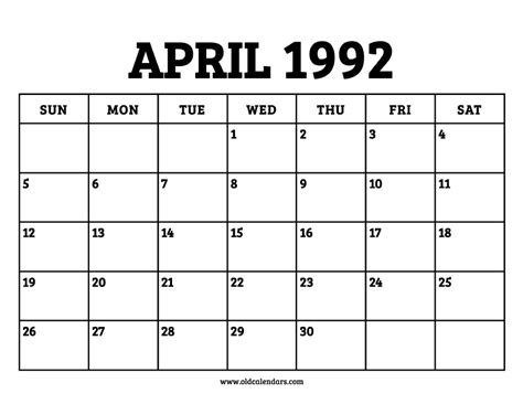 Calendar Of April 1992