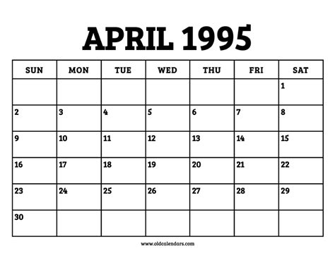 Calendar Of April 1995