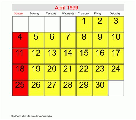 Calendar Of April 1999