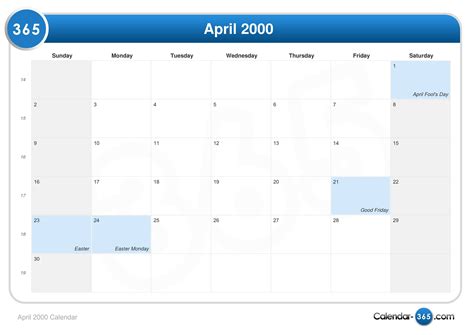 Calendar Of April 2000