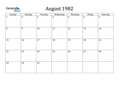 Calendar Of August 1982