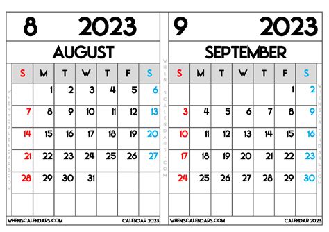 Calendar Of August And September