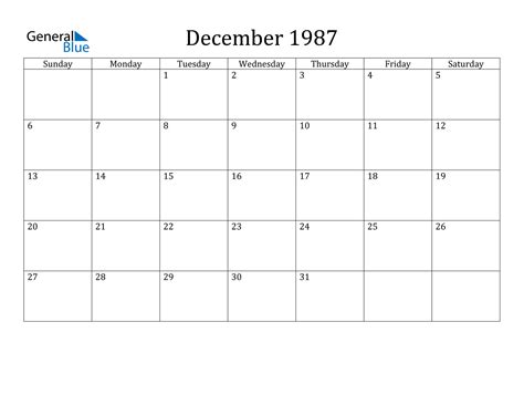 Calendar Of December 1987