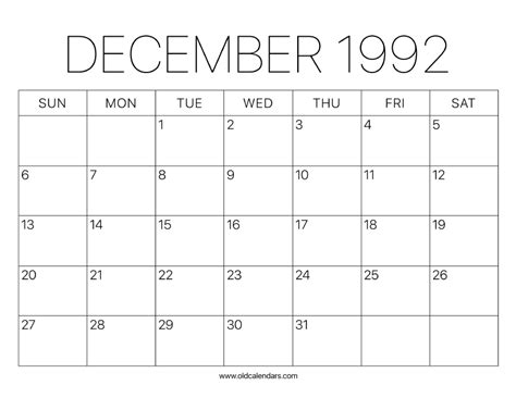 Calendar Of December 1992