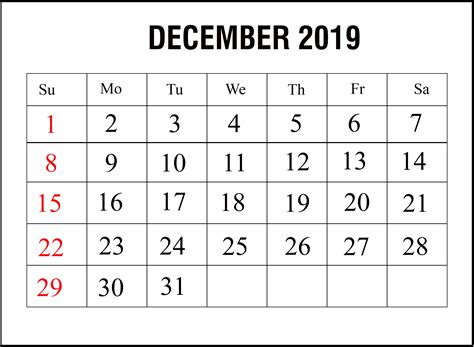 Calendar Of December 2019