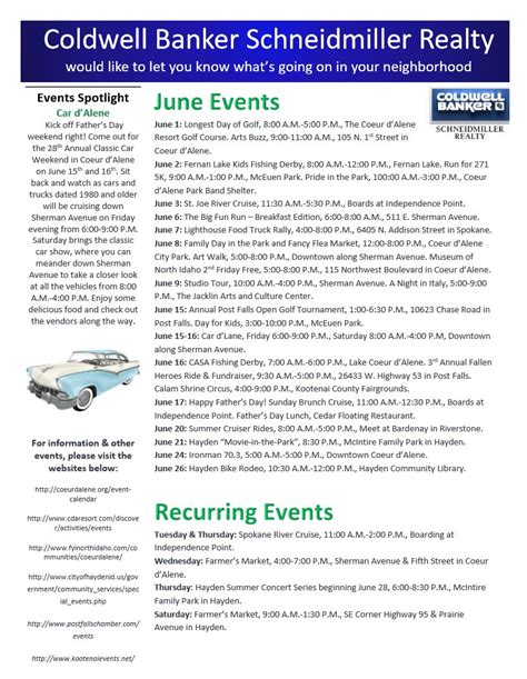Calendar Of Events Coeur Dalene Idaho