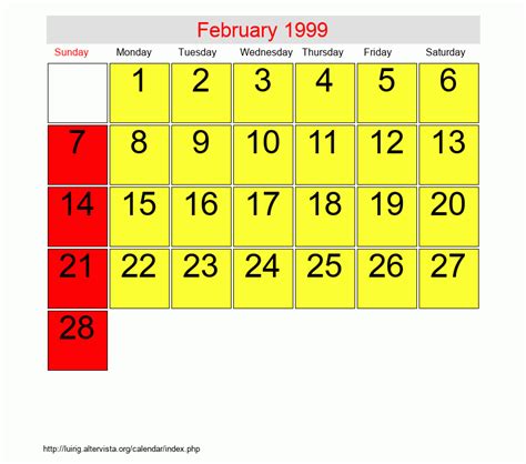 Calendar Of February 1999