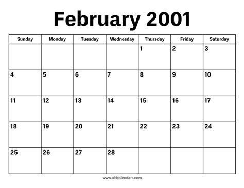 Calendar Of February 2001