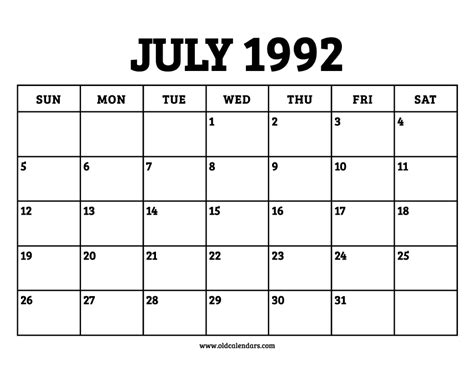 Calendar Of July 1992