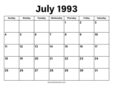 Calendar Of July 1993