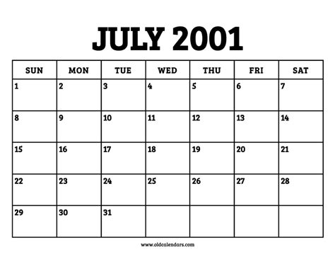 Calendar Of July 2001