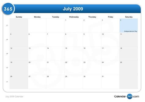 Calendar Of July 2009