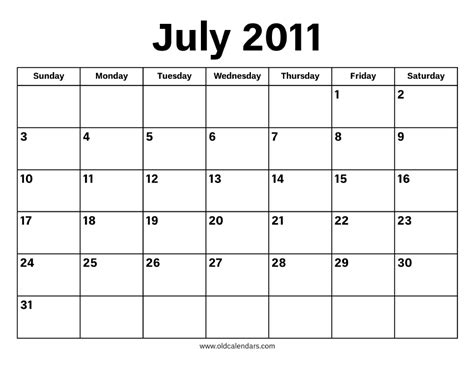Calendar Of July 2011