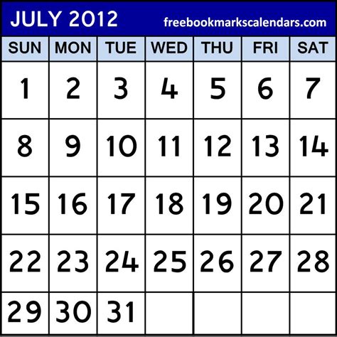 Calendar Of July 2012