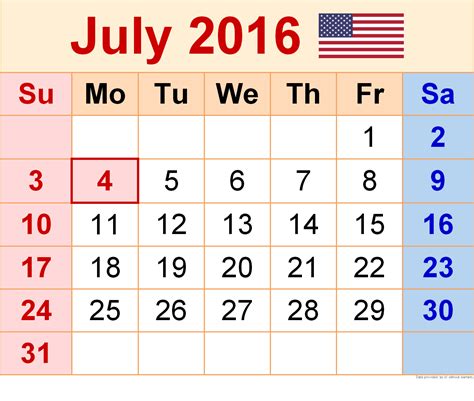 Calendar Of July 2016