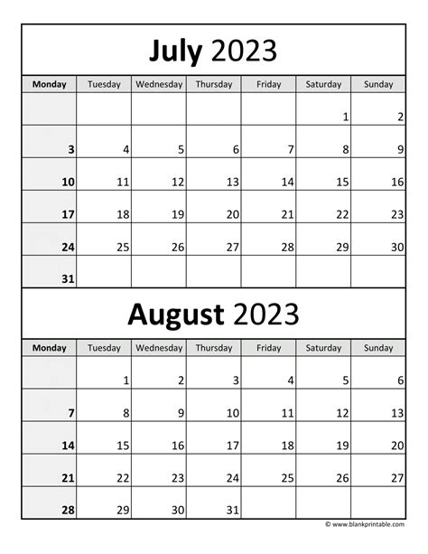 Calendar Of July And August
