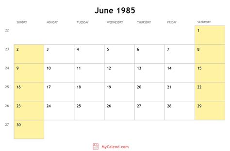 Calendar Of June 1985