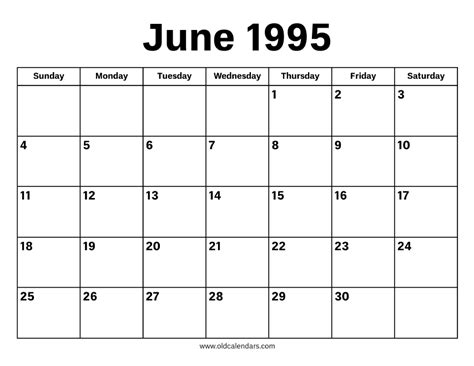 Calendar Of June 1995