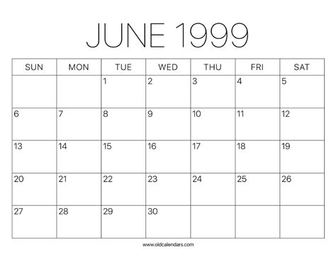 Calendar Of June 1999