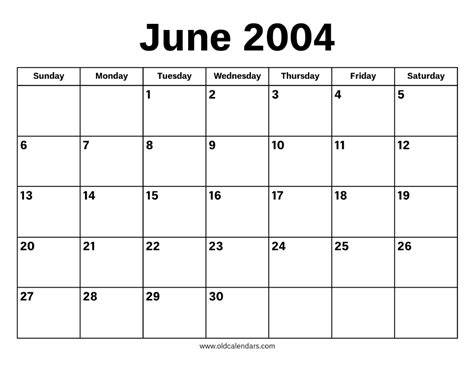 Calendar Of June 2004