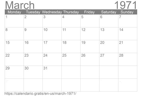 Calendar Of March 1971