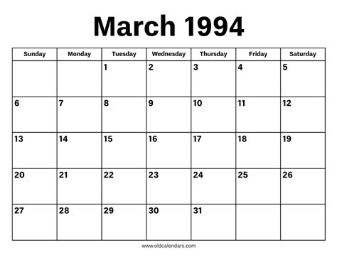 Calendar Of March 1994