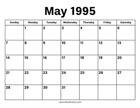 Calendar Of May 1995