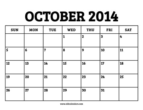 Calendar Of October 2014