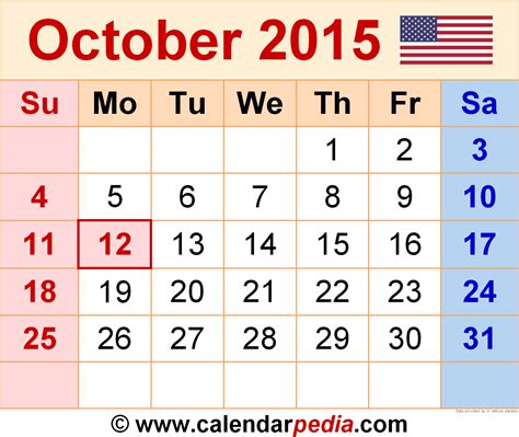 Calendar Of October 2015