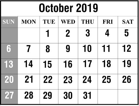Calendar Of October 2019