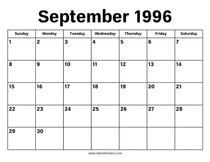 Calendar Of September 1996