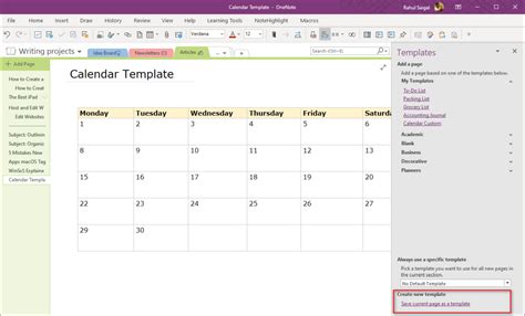 Calendar Onenote Template